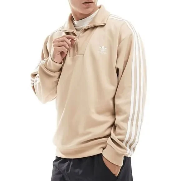 Adidas Men's Funnel neck Quarter Zip Track Top Beige S - Picture 1 of 8